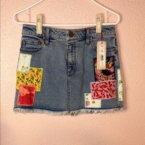 Alice + Olivia Denim Skirt with Colorful Patches